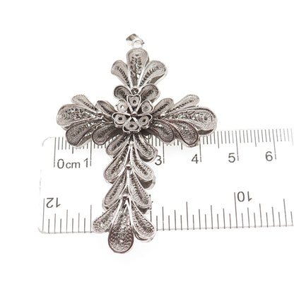 925 Sterling Silver Antique Art Deco Cross Floral Filigree Oxidized Pendant