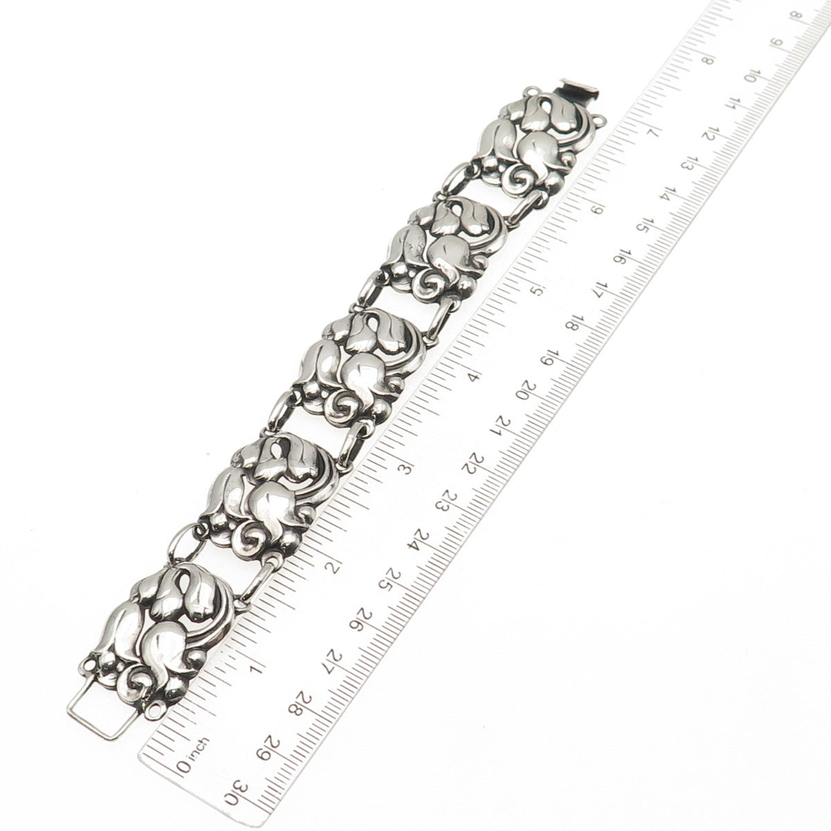 925 Sterling Silver Antique Art Deco Floral Oxidized Panel Link Bracelet 6.75"