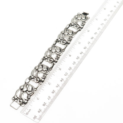 925 Sterling Silver Antique Art Deco Floral Oxidized Panel Link Bracelet 6.75"