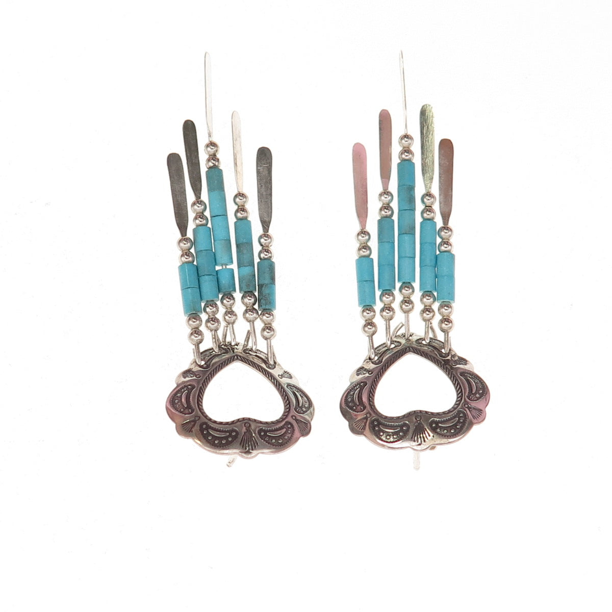 Old Pawn Sterling Silver Vintage Southwestern Turquoise Heart Dangle Earrings