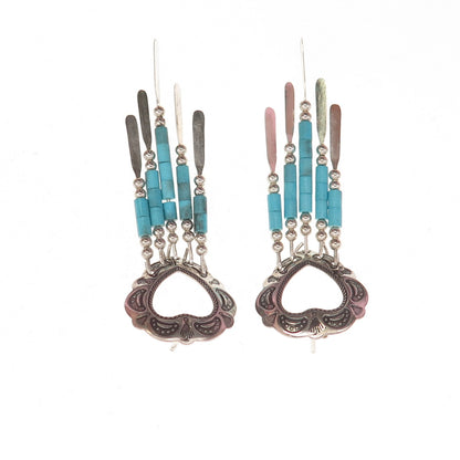 Old Pawn Sterling Silver Vintage Southwestern Turquoise Heart Dangle Earrings