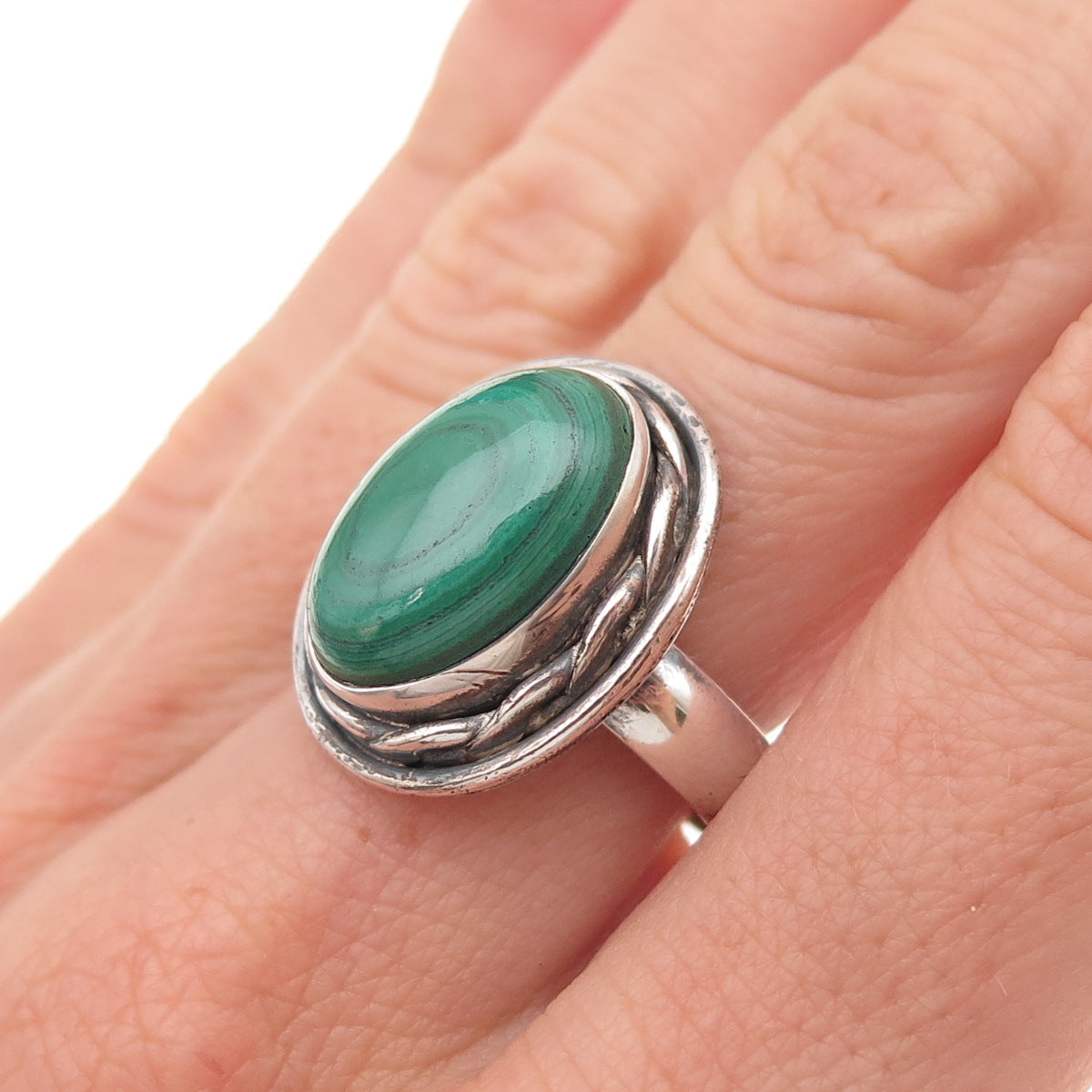925 Sterling Silver Vintage Real Malachite Modernist Oxidized Ring Size 7.75