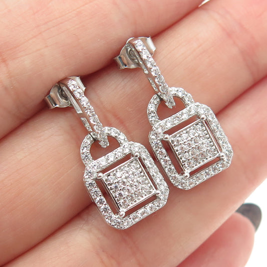 925 Sterling Silver Pave C Z Padlock Dangling Earrings