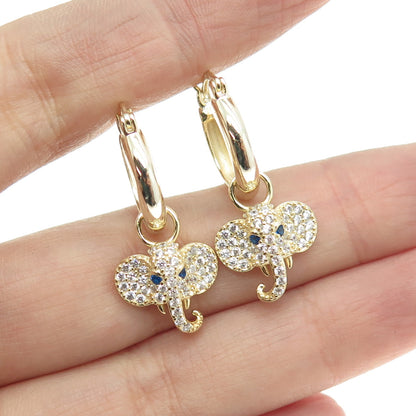 925 Sterling Silver Gold Plated White & Blue C Z Elephant Dangle Hoop Earrings