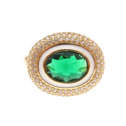 925 Sterling Silver Gold Plated Green & White C Z Ring Size 8