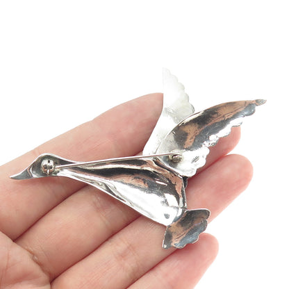 925 Sterling Silver Vintage Real Turquoise Gemstone Flying Swan Pin Brooch