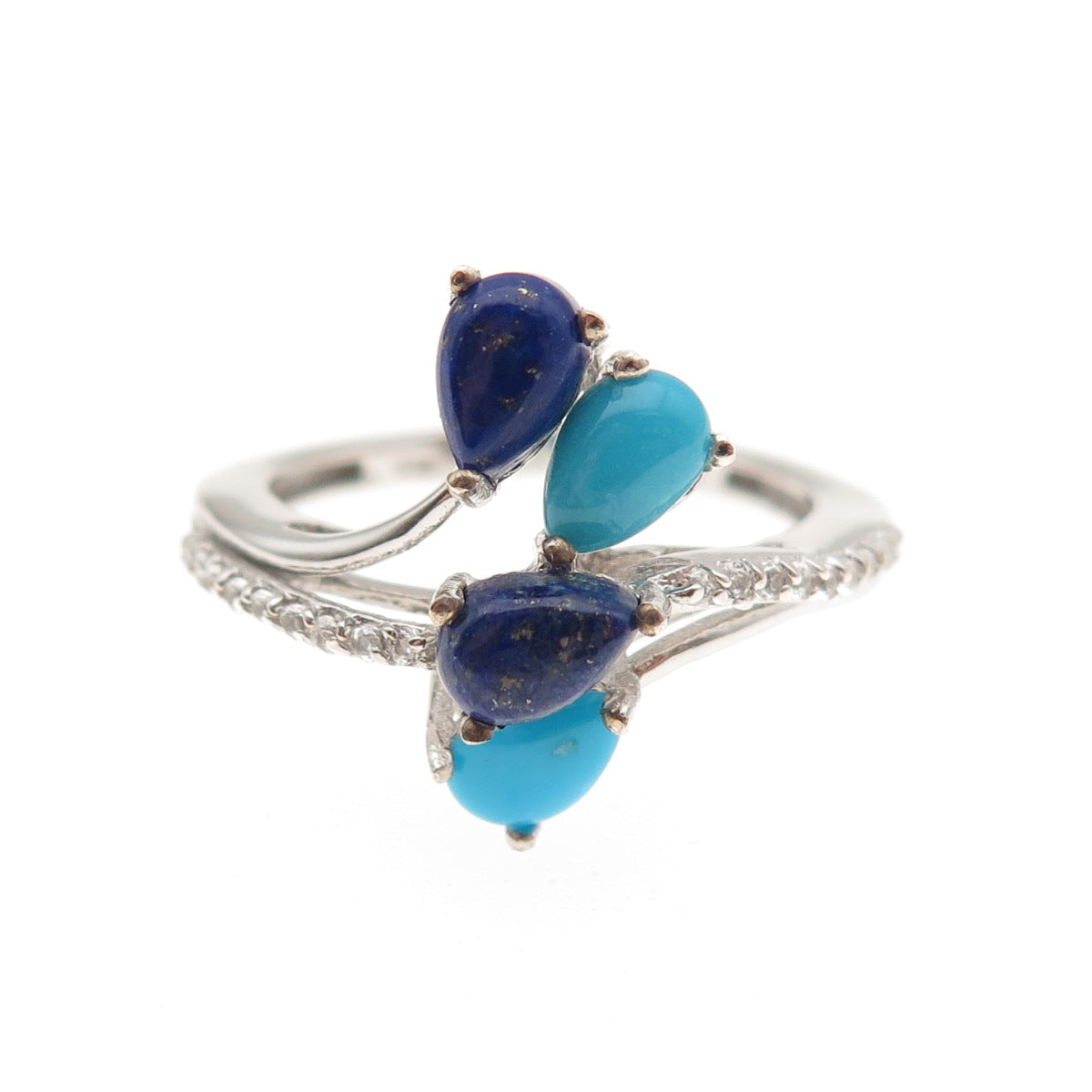 Chuck Clemency 925 Sterling Silver Real Turquoise Lapis & C Z Bypass Ring Size 8