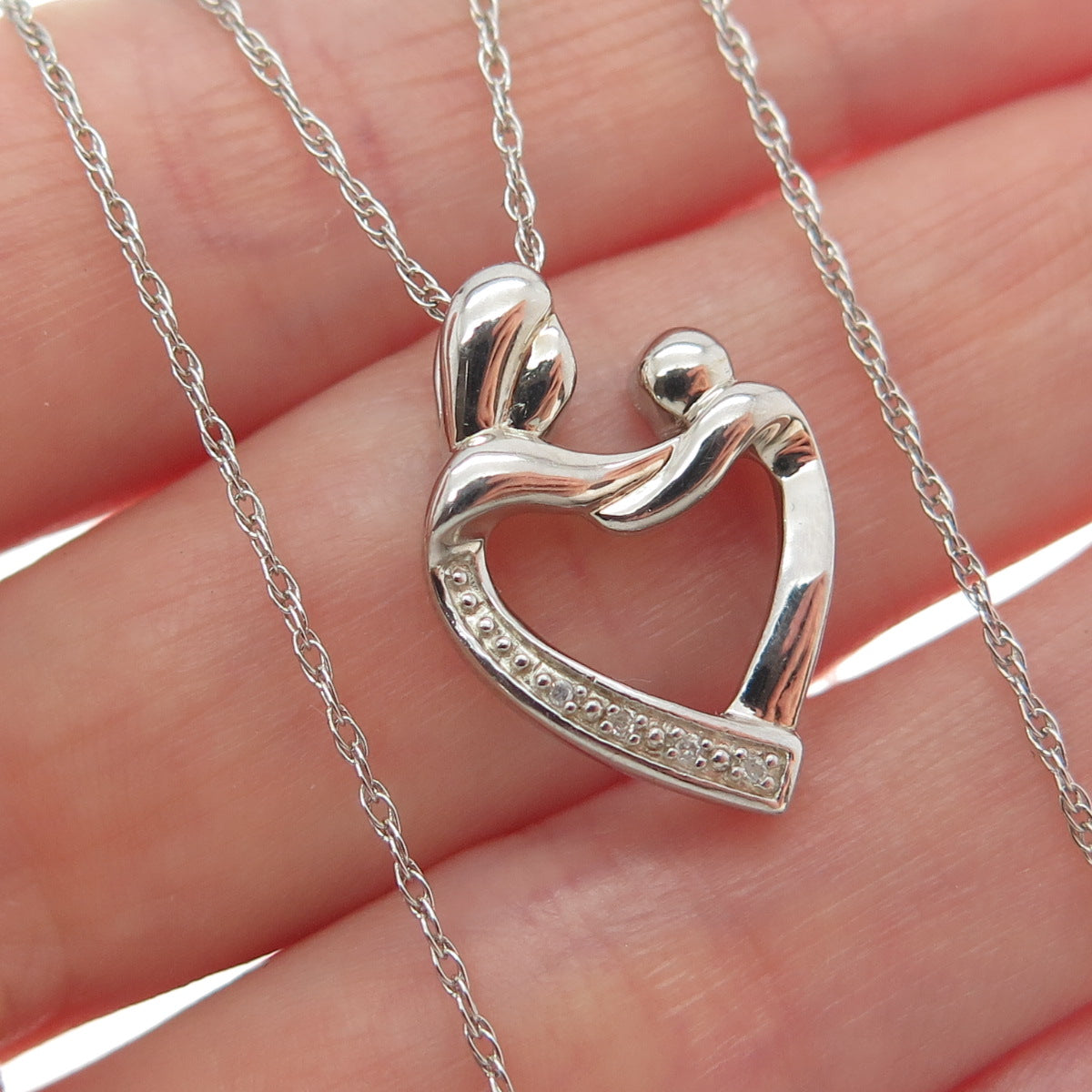 925 Sterling Silver Real Diamond Mom & Child Heart Singapore Chain Necklace 18"