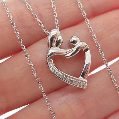 925 Sterling Silver Real Diamond Mom & Child Heart Singapore Chain Necklace 18"
