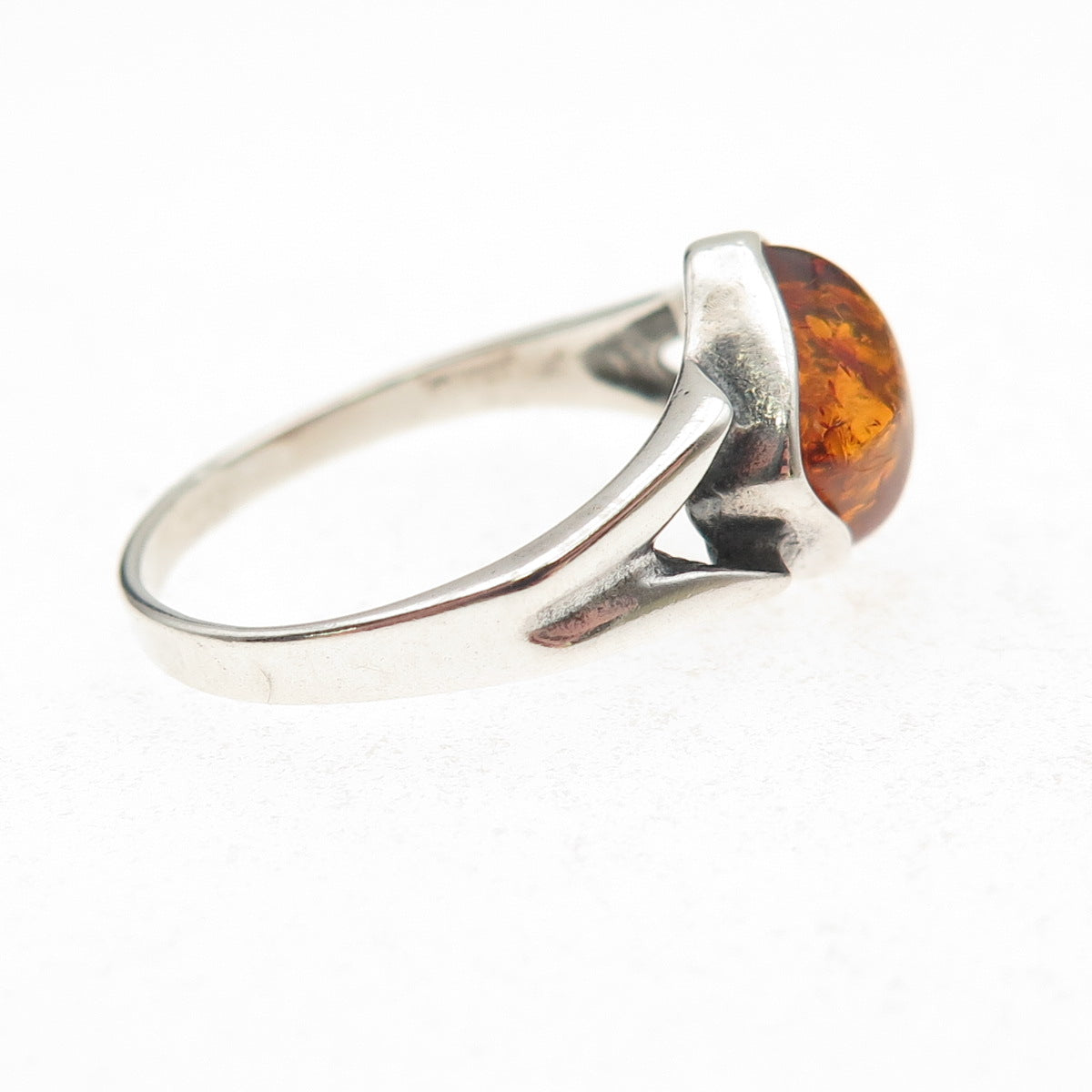 925 Sterling Silver Vintage KW Poland Real Amber Modernist Ring Size 7.75