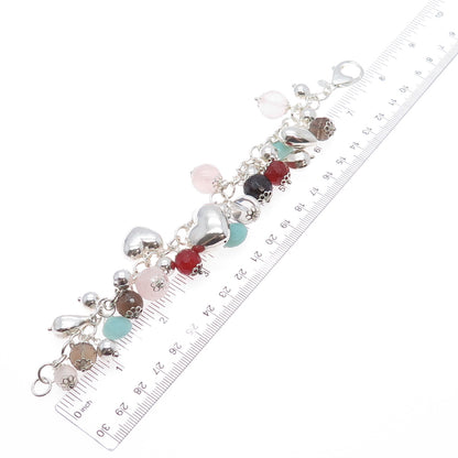 925 Sterling Silver Vintage Italy Multi-Quartz & Aquamarine Heart Bracelet 7.5"