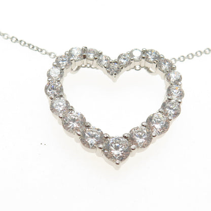 925 Sterling Silver Round-Cut Shaped C Z Open Heart Rolo Chain Necklace 16-18"