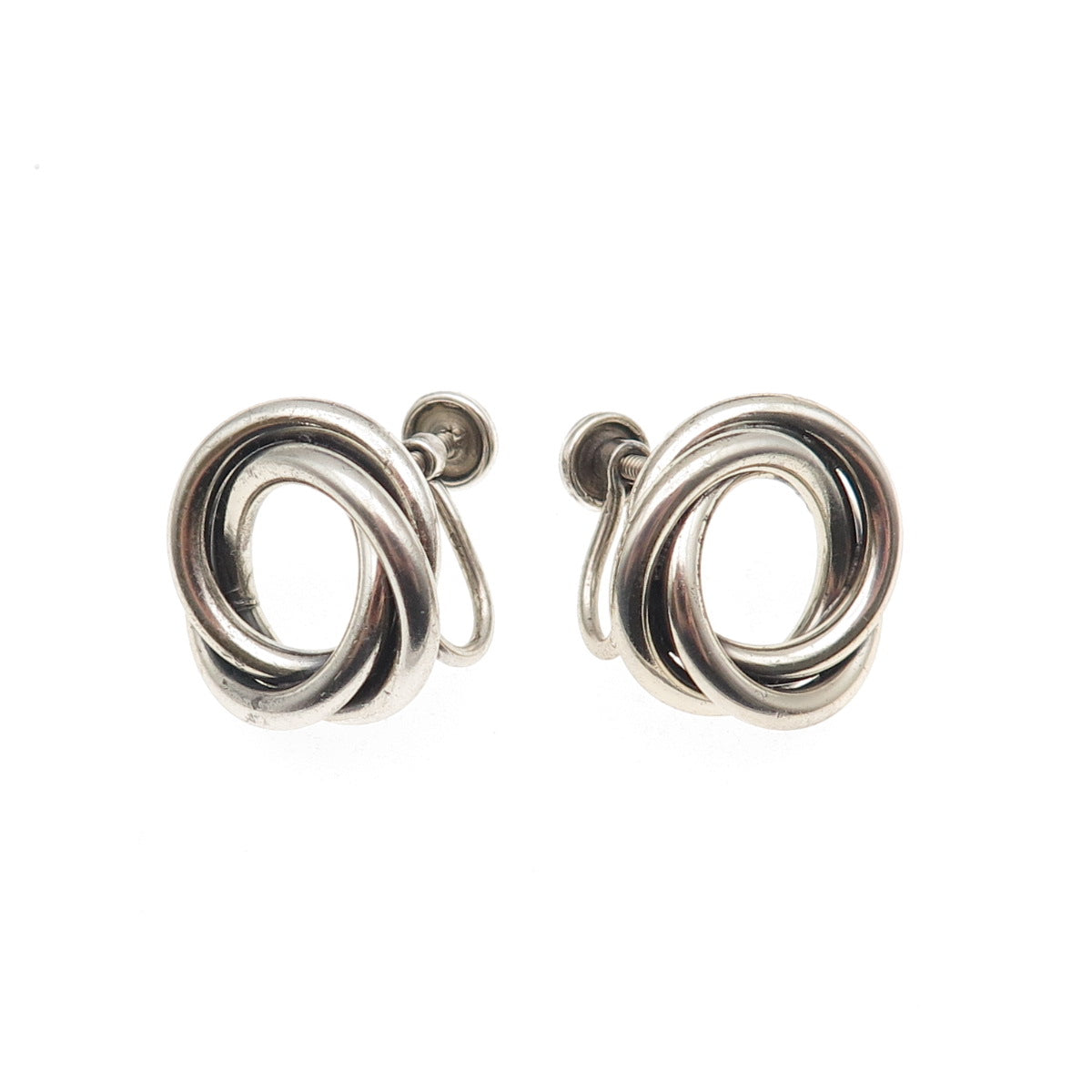 Beau Sterling Silver Antique Art Deco Interlocked Trinity Screw Back Earrings