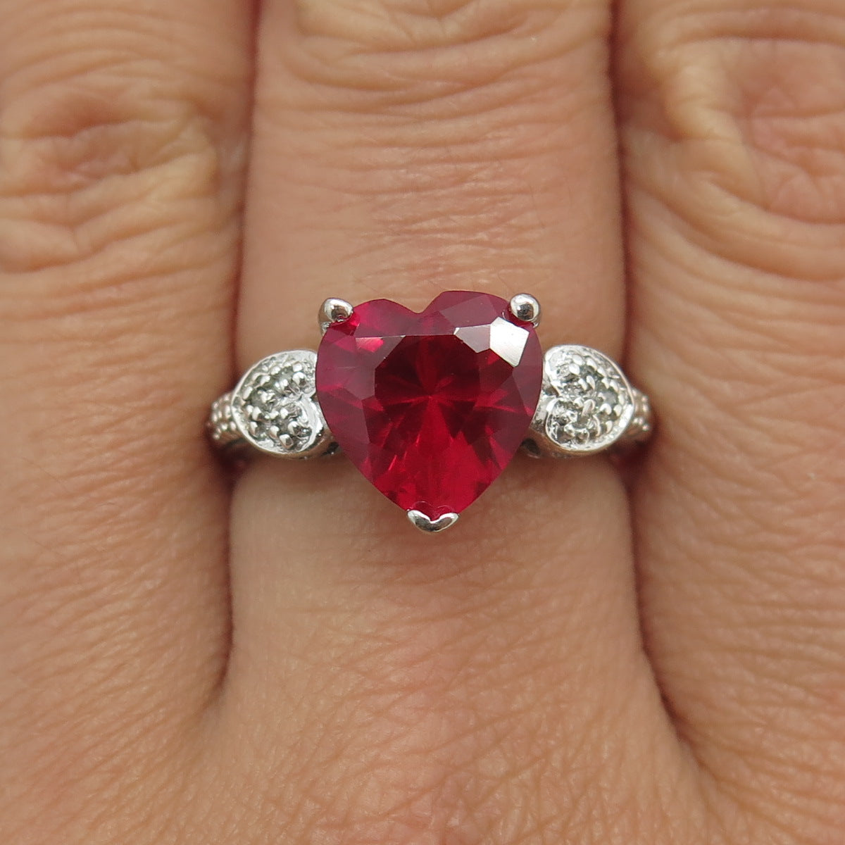 925 Sterling Silver Real Diamond & Lab-Created Ruby Heart Ring Size 7.5