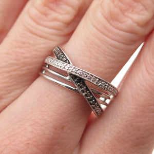 Sun 925 Sterling Silver Real Black & White Diamond Crisscross Ring Size 7