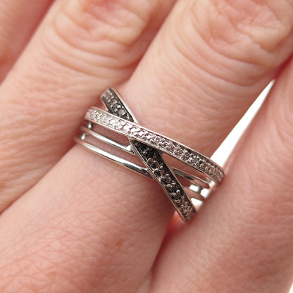 Sun 925 Sterling Silver Real Black & White Diamond Crisscross Ring Size 7