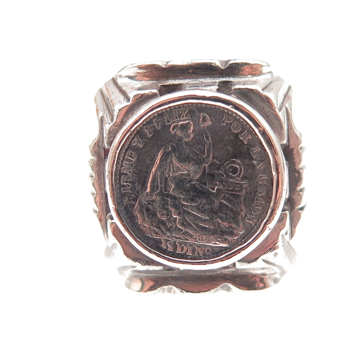 925 Sterling & 900 Silver Antique 1890-1917 Peru 1/2 Dinero Coin Ring Size 9.25