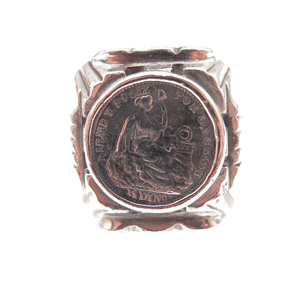 925 Sterling & 900 Silver Antique 1890-1917 Peru 1/2 Dinero Coin Ring Size 9.25
