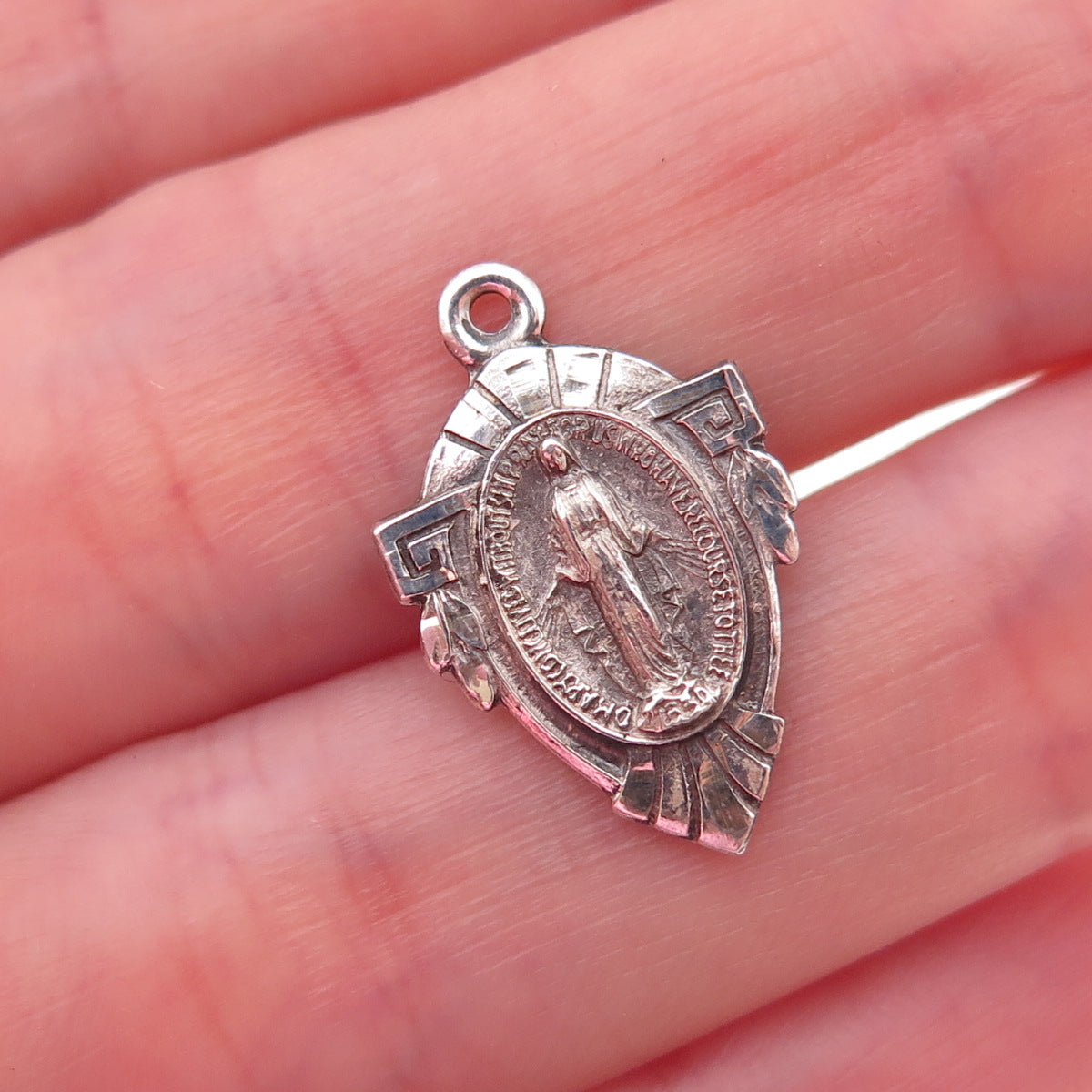 925 Sterling Silver Antique Art Deco St. Mary Miraculous Oxidized Charm Pendant