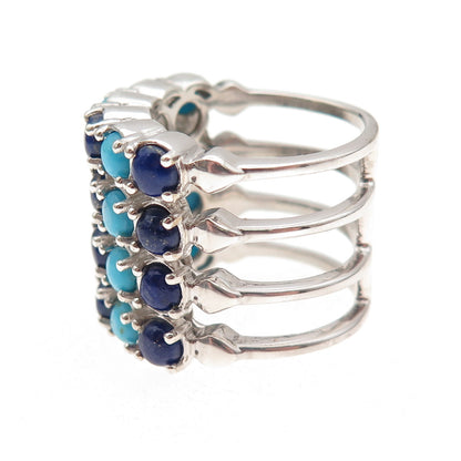 Chuck Clemency 925 Sterling Silver Real Turquoise & Lapis 4-Row Ring Size 8.25