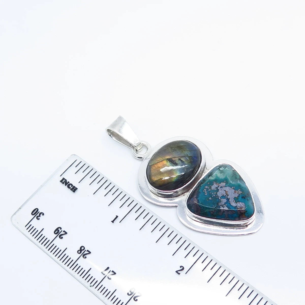 925 Sterling Silver Vintage Real Labradorite & Agate Gemstone Pendant
