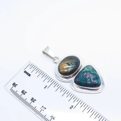 925 Sterling Silver Vintage Real Labradorite & Agate Gemstone Pendant