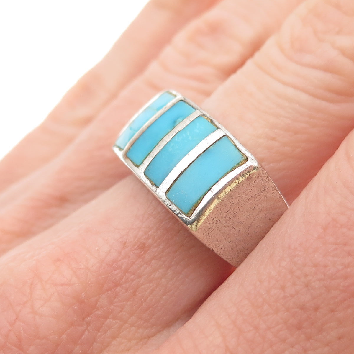 Old Pawn Sterling Silver Vintage Southwestern Turquoise Tribal Ring Size 7.25