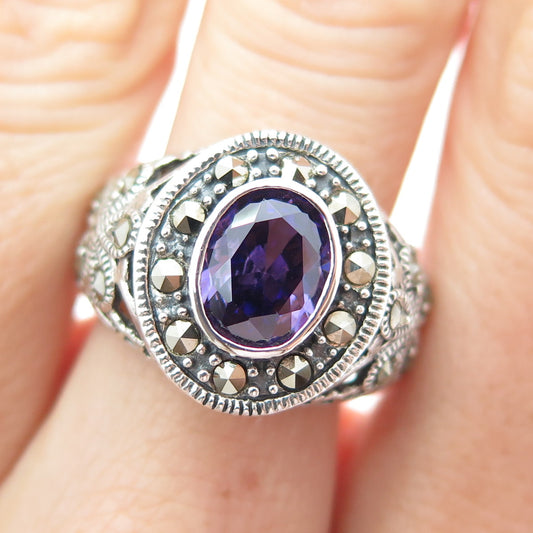 925 Sterling Silver Vintage Real Amethyst & Marcasite Oxidized Ring Size 7