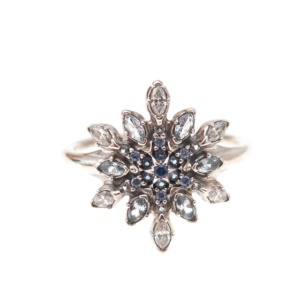 Pandora 925 Sterling Silver Multi-Blue C Z Snowflake Ring Size 7