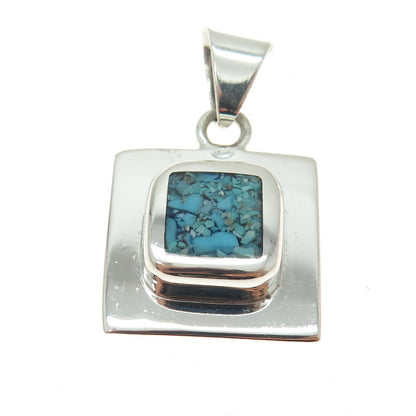 925 Sterling Silver Vintage Mexico Real Turquoise Inlay Square Pendant