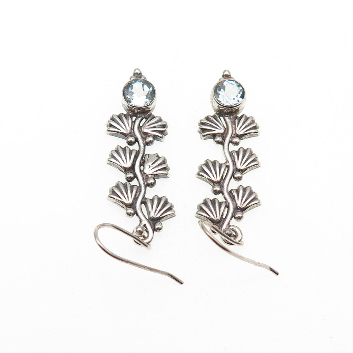 925 Sterling Silver Vintage Real Blue Topaz Floral Oxidized Dangle Earrings