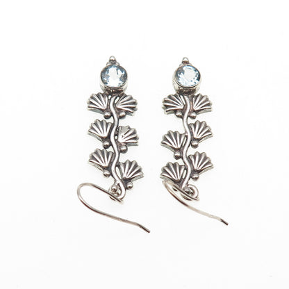 925 Sterling Silver Vintage Real Blue Topaz Floral Oxidized Dangle Earrings