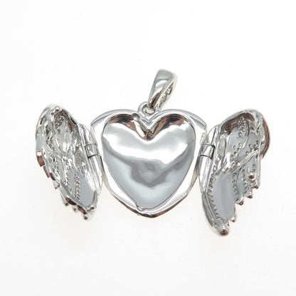 925 Sterling Silver Real Round-Cut Diamond Angel Wings Heart Locket Pendant