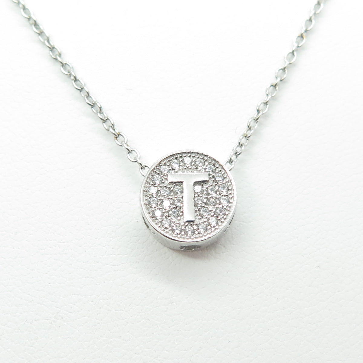 925 Sterling Silver Round-Cut C Z Letter "T" Initial Cable Chain Necklace 16-18"