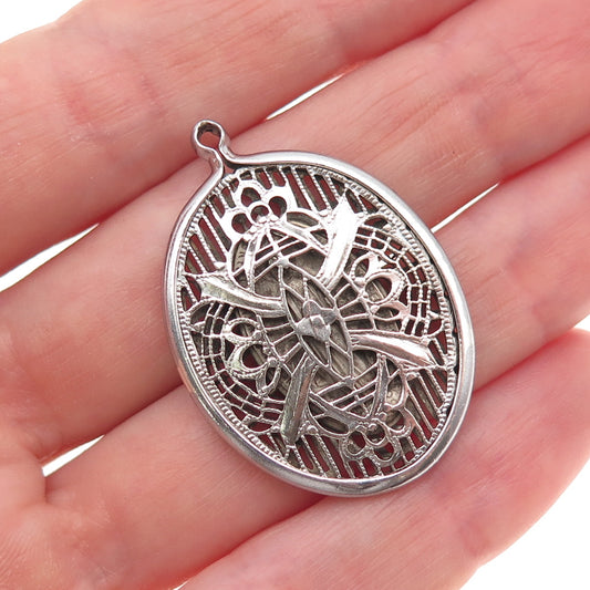 925 Sterling Silver Antique Art Deco Floral Filigree Oxidized Charm Pendant