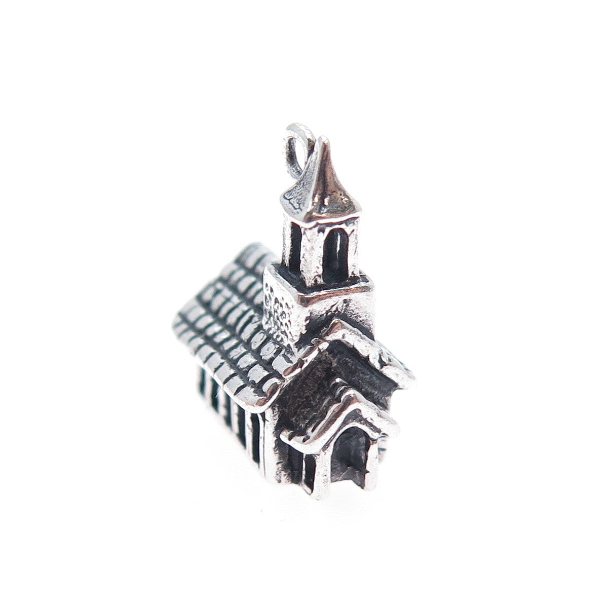 925 Sterling Silver Vintage Old Church Oxidized Minimalist 3D Charm Pendant