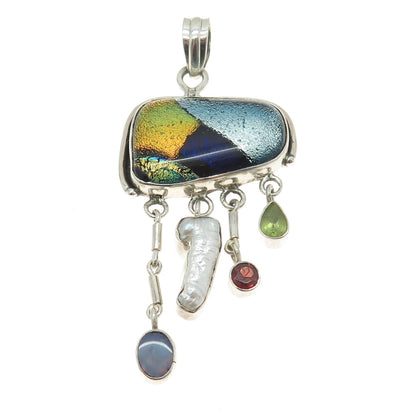 925 Sterling Vintage Dichroic Glass Pearl Garnet Peridot Opal Modernist Pendant