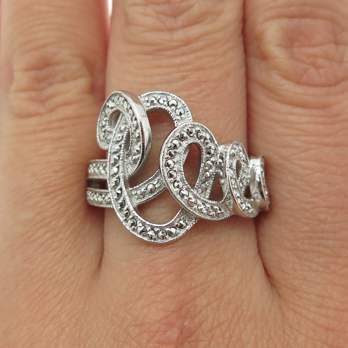 925 Sterling Silver Real Marcasite Swirl Ring Size 9.75