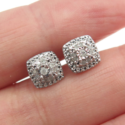 925 Sterling Silver Real Round-Cut Diamond Cushion Stud Earrings