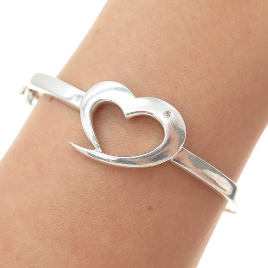 925 Sterling Vintage ALD London Real Diamond Accent Heart Bangle Bracelet 6.5"