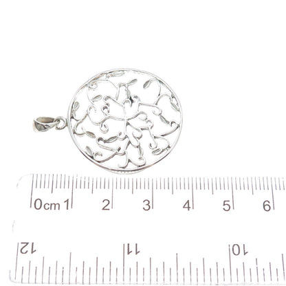 925 Sterling Silver Floral Leaf Scroll Round Charm Pendant