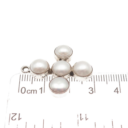 925 Sterling Silver Vintage Real Pearl Cross Beaded Charm Pendant