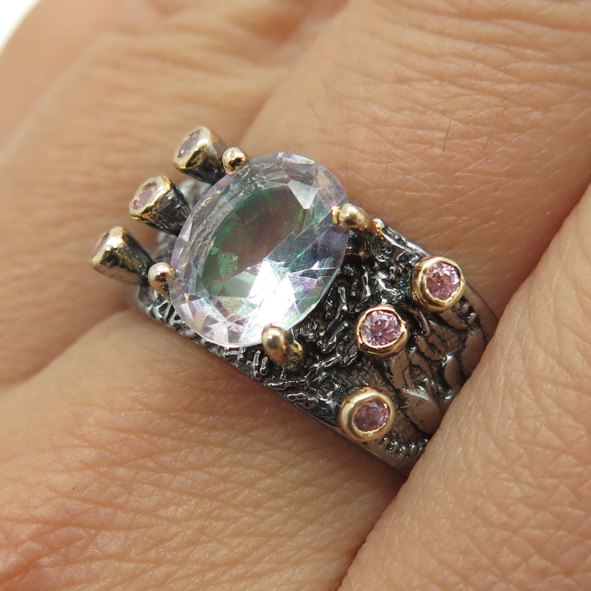 925 Sterling Silver 2-Tone Vintage Mystic Quartz Pink C Z Oxidized Ring Size 9.5