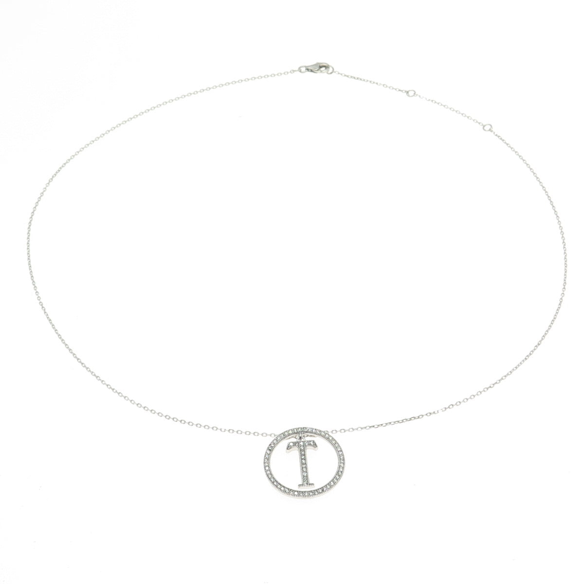 925 Sterling Silver Round-Cut C Z Letter "T" Initial Cable Chain Necklace 16-18"