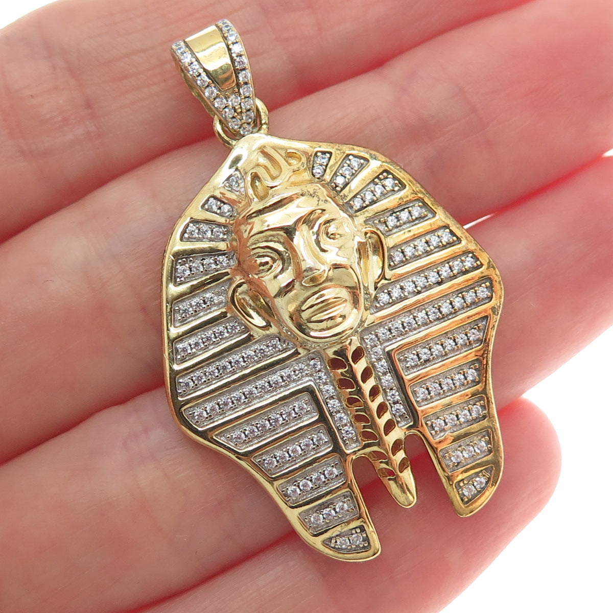 925 Sterling Silver Gold Plated Round-Cut Shaped C Z Egyptian Pharaoh Pendant