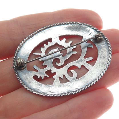 925 Sterling Silver Vintage Mexico Aztec God Quetzalcoatl Oxidized Pin Brooch