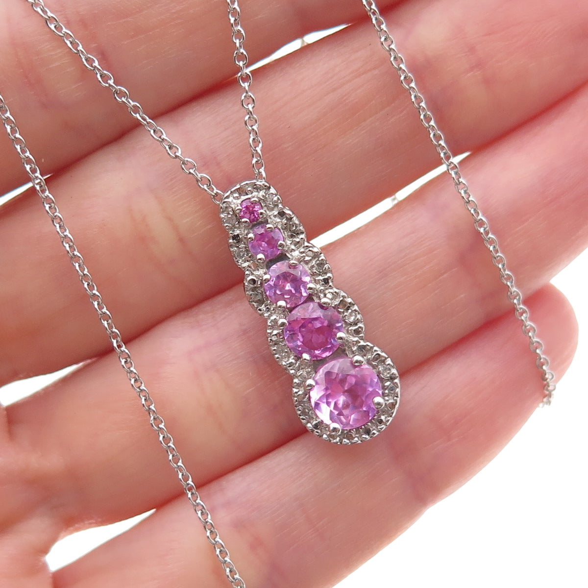 925 Sterling Silver Real Diamond & Pink Topaz Cable Chain Necklace 18"