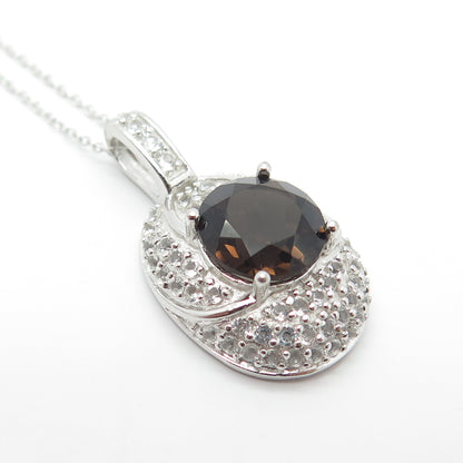 925 Sterling Silver Italy Smoky Quartz & White Topaz Gem Rolo Chain Necklace 18"
