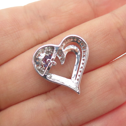 925 Sterling Silver Real Amethyst & White Topaz Heart Mini Slide Charm Pendant