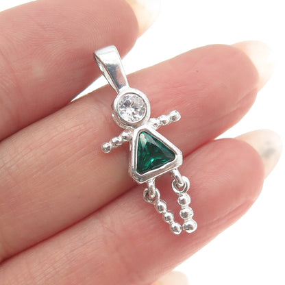 925 Sterling Silver White & Green C Z August Birthstone Girl Pendant